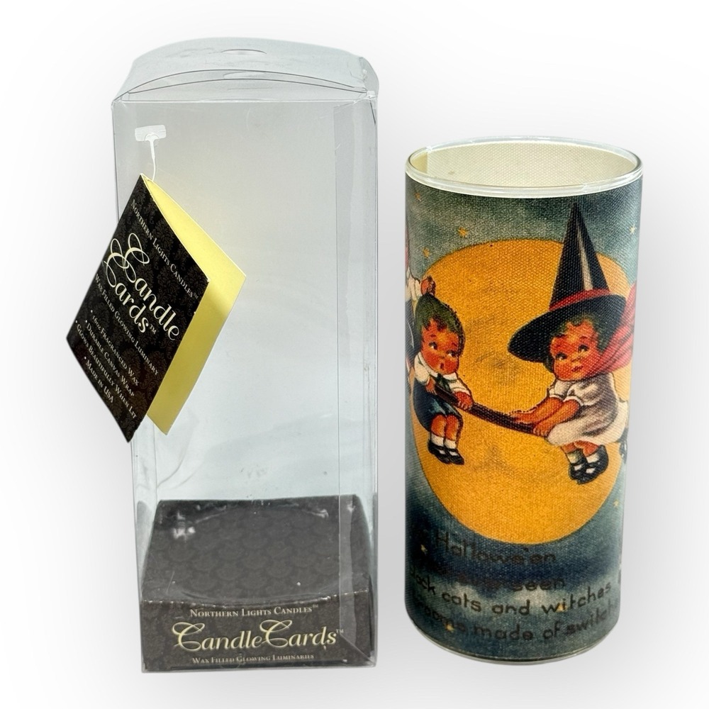 Northern Lights Luminary Candle 16oz Whitney Halloween Kids Cat Postcard Art VTG